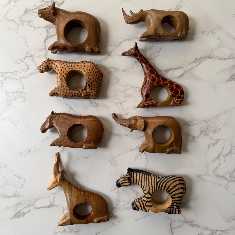 Vintage Hand Carved Wood Safari Animal Napkin Rings Set of 8 African Wildlife